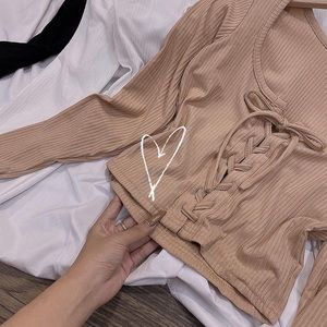 Beige Tops Sexy Solid Color Lace-Up Long Sleeve Size S
